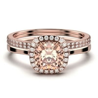 Ослепителен ореол 2. Каратска възглавница Морганит и Диамантен мосанитен годежен пръстен, сватбен пръстен, две съвпадащи ленти в стерлингово сребро с обикновен 18K розово злато, подаващ подарък за нея, трио комплект