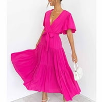 Дамски рокли масив в-Деколте фит и пристъп средна дължина ежедневни лятна рокля с къс ръкав горещо розово ШЛ