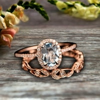 Карат овално изрязан син Аквамарин годежен пръстен комплект флорални листа диамант сватбена група Булчински пръстен комплект 10к Розово злато ореол дизайн