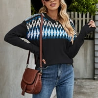Пуловери за жени разрешение Жени Модни ежедневни ретро цветен контраст печат плетене с дълъг ръкав кръгъл пуловер