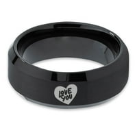 Tungsten Love You Heart Band Ring Men Women Comfort Fit Черно скосено ръб, четка полиран