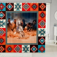 Течащи коне Детски завеси за душ, геометрични кари ацтекски завеси за момичета за момичета спалня, западни племенни етнически цветни селски водоустойчиви завеси, куки костюми, 72 W 72 L