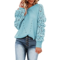 Женски отгоре раменни върхове с дълъг ръкав плетен риза екипаж на врата пуловер пуловер джъмпер върхове ежедневен топъл пуловер