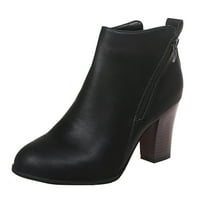 Женски обувки ретро жени кожена квадратна пета с цип твърд цвят къси ботуши кръгли обувки с пръсти черни черни