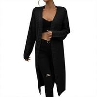 Кали _ Магазин Есен пуловери за жени Дамски ежедневни отворен фронт Дълъг ръкав оребрени дълга жилетка палто черно, с