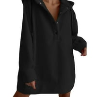Miayilima женски бутон за теглене с дълъг ръкав твърд цвят пуловер качулка разхлабена ежедневна суитчър отгоре черно L