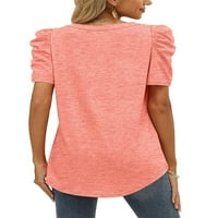 Дамска тениска от предния път къси ръкави летни върхове солидна тениска на тениски празник ежедневен пуловер v Врат туника блуза розово 2xl