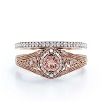 Декоративен орнамент 1. Карат кръг отрязана морганит и диамантен мосанит годежен пръстен, винтидж външен вид сватбен пръстен в стерлингово сребро с 18K розово злато