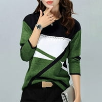 Дамски върхове зимен моден контраст позициониране отпечатана кръгла шия дълъг ръкав зелен XL