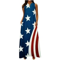 Xihbxyly Clearance 4 юли Деня на независимостта на САЩ рокля за печат на флаг, женски макси летни рокли за жени ежедневни V-образни деколте без ръкави за без ръкави Плажни джобове дълга рокля тъмно син XXL 2