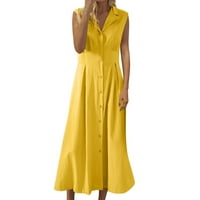 ксух жени Бутон надолу врата миди рокля Плътен цвят разрошване а-линия случайни рокля без ръкави разрошени разкроена рокля жълт хл