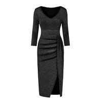 Женска рокля с v-образен чанта Хип тънка дълга ръкавика плитен процеп чист цвят мигаща вечерна рокля черно запознанства
