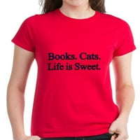 Cafepress - Книги. Котки. Животът е сладък. Тениска - женска тъмна тениска