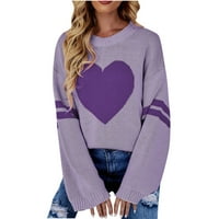 Vivianyo HD пуловери за жени Просверие плюс размер женски кръгъл пуловер за кръгло врат любов любов дълъг ръкав избира лилаво