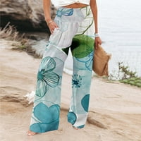 Lilgiuy жени Небрежни печатащи джобове Еластична талия Удобна директна разхлабена панталони за плажно ваканционно пътуване