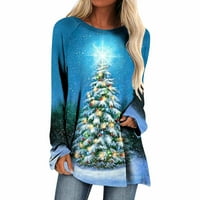 Scyoekwg Коледни печатни върхове за жени с дълъг ръкав туника върхове кръг врат коледна печат пуловер с дълъг ръкав туника дами върхове ежедневни удобни леки блузи светло синьо xl