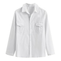 Мъжки ризи Мъжки чанти памук бельо джоб твърди Дълъг ръкав ретро тениски блузи бели 3хл