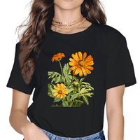Реколта ботаническа оранжева флорална цветна тениска черна 3х-голяма