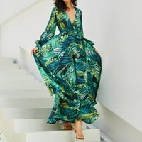 Cllios Sundress for Women Boho Print Puff дълъг ръкав Deep V Neck Maxi Dress Небрежно висококачествена ваканция дълга рокля