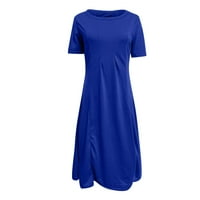 Рокля за жени, женски темперамент кръгла шия с къс ръкав с твърд цвят рокля тъмносин x