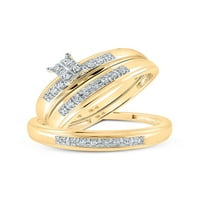 Твърди 10к жълто злато, Неговият и нейният кръг диамант квадрат клъстер съвпадение двойка три пръстена Булчински годежен пръстен сватбени халки комплект томография. -