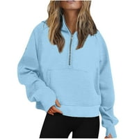 Дамски половин цип пуловер квартал цип по -големи суичъри Изрязани качулки с дълъг ръкав руно пуловери цип до есенни тоалети модни зимни дрехи тийнейджърки сини xxl