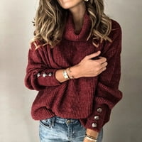 Нахлуване на трапчинка жени костенурка пуловер бутон с дълъг ръкав отпуснат плетен пуловер върхове червено