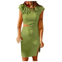 Женски твърд цвят тънък чанта задника Slit Hollow Hole Strip рокля, зелено, XL, 95% полиестер, 5% спандекс