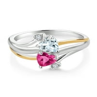 Gem Stone King 1. Ct Sky Blue Aquamarine Pink създаде сапфир сребро и 10k жълто злато сърце обещание двойка годеж майка лаборатория отглеждана диамантен пръстен