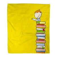 Хвърлете одеялото Жълто дете момче за четене отгоре на купчината четене на детска школа Стека Карикатура Сладко топло фланелно меко одеяло за диван диван легло