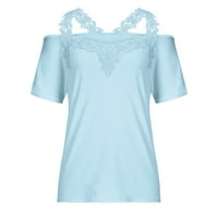 Leesechin Womens Tops Deals Summer V-образен обем ежедневно дантела пачуърк солидна каймска блуза отгоре