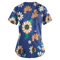 Клирънс дамски летни върхове къси ръкави жени блуза работно облекло флорални блузи V-образни моди, тъмно синьо, m