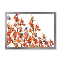 Дизайнарт 'ято Червенушки птици, седящи на оранжеви клони' традиционен художествен принт в рамка