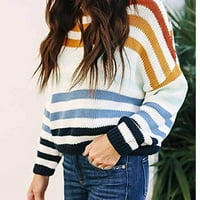 tklpehg дамски моден плетен пуловер есен зимен топъл пуловер свободен дълъг ръкав върхове модна ивица отпечатък кръгъл пуловер за врата ежедневни пуловери ВМС L