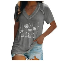 Дамски летни върхове V-образно деколте за печат Небрежен къс ръкав тениска обикновени тениски за жени