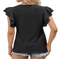Welliumy дами тениска Ruffle Summer Tops Плиси тениска Бохемски празник пуловер Black S