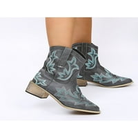 Woodlow Women Vintage Booties бродирани западни обувки Mid Calf Cowgirl Boots Дамски зимни обувки комфорт широко калф неплъзгащи се сиво 7