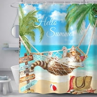 Летен плаж душ завеса Сладък котка тропически Палмово дърво крайбрежие морски океан тематични баня баня завеса, Полиестерен плат Баня аксесоар декор комплекти с к