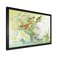 Дизайнарт 'птици и цветя в селски пейзаж' традиционна рамка Арт Принт