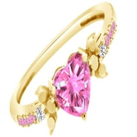 Симулиран розов сапфир и бял естествен диамантен пръстен за сърце в 10k жълто злато, размер на пръстена-9
