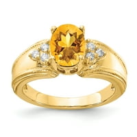 Първично злато карат жълто злато 8x овален цитрин и диамантен пръстен