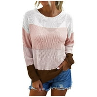 Пуловери за време за жени свободни цветове контраст удобно палто с пуловер с дълги ръкави, розово, l