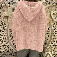 IOPQO Зимни палта за жени жени модни разхлабени големи размери плътни цветни качулки дълги ръкави пуловер върхове с дълъг ръкав v врата пуловер палто розово l