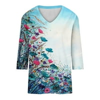 Дамски върхове просвета, женско модно печат на разхлабени тениски ръкави блуза с v-образни деколтични върхове