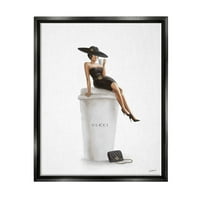 Ступел индустрии Стилен мода женски позира Кафе дизайнер чанта джет черно рамка плаващо платно стена изкуство, 16х20