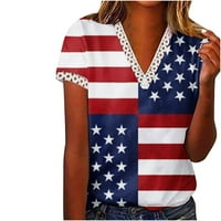Yyeselk 4 юли ризи за жени свободно време с къси ръкави за плетене на една кука секси v-образно уютно блузи модерни американски флаг печат летни върхове тъмносин m
