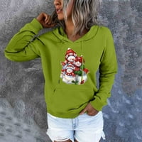 Дамски коледни суитчър ежедневни хлабав блуза пуловер върхове Есен Зима пуловери с качулки Коледа модел печат дълъг ръкав върхове около врата с качулка Шнур зелен хл