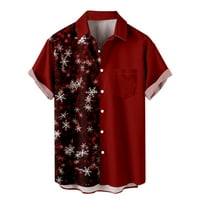 Мъжки ризи Просвет плюс размер ежедневни бутони Коледна печат с джобни турнири с къс ръкав блуза