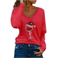 Коледни блузи за жени Модни кристал Вино стъкло печат дълъг ръкав Пуловер Небрежно секси V Neck ризи