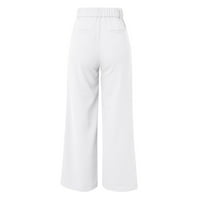 Жени прави панталони с широки крака дълги капризи панталони твърди цветове с висока талия летни панталони с джобове бяло l